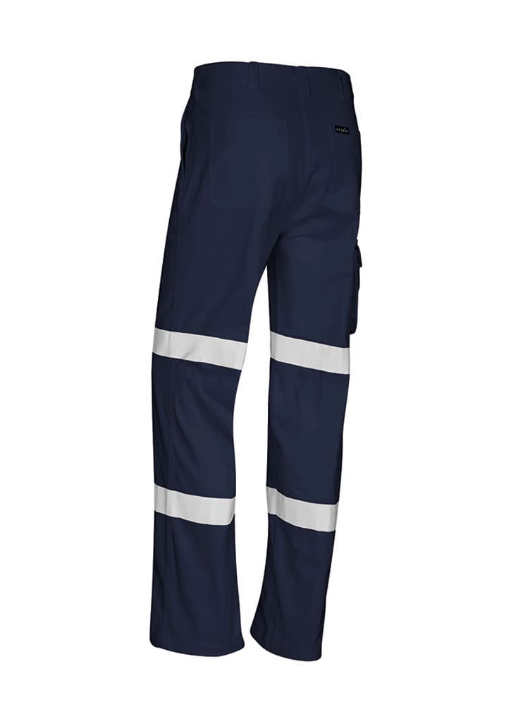 Men's navy work pants featuring reflective white stripes and a back pocket, with a logo on the waistband.