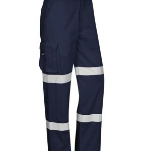 Men's navy work pants featuring reflective stripes and cargo pocket, designed for durability and visibility.