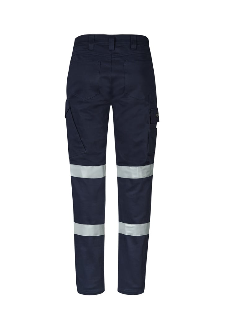A pair of navy cargo pants featuring reflective strips and multiple pockets. The back view shows a structured design with a waistband.