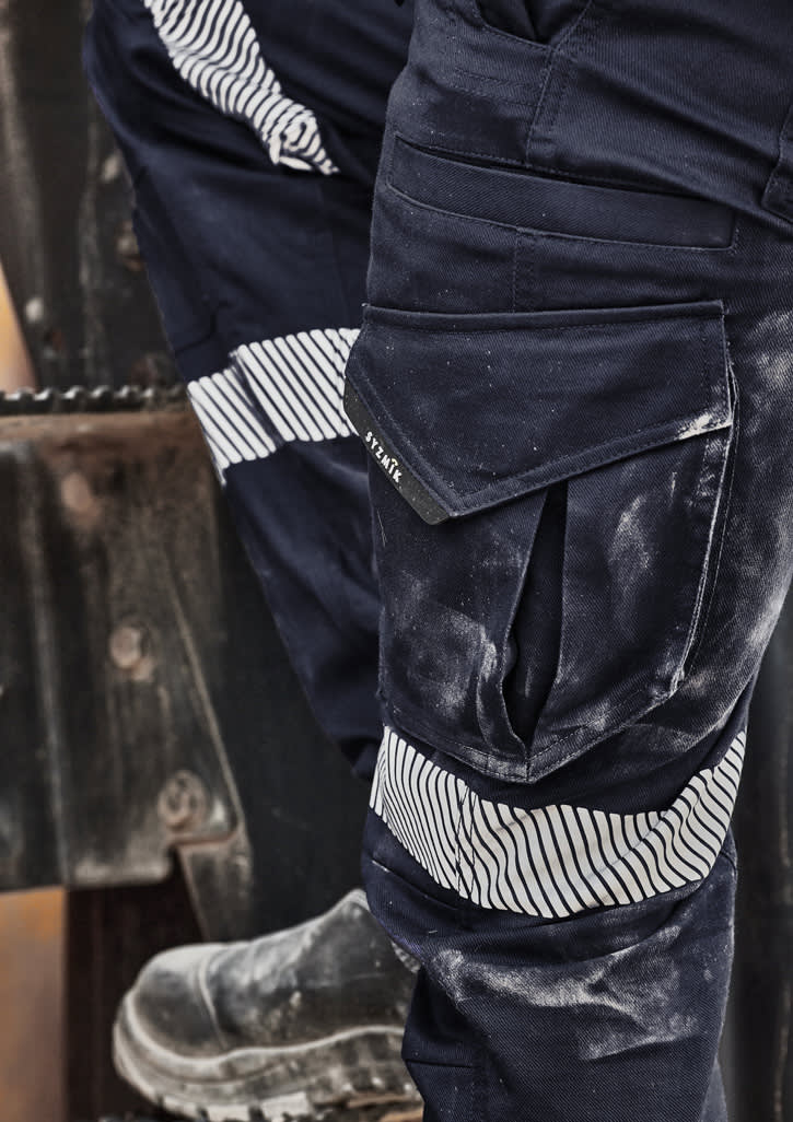 A pair of navy work pants featuring cooling stretch material and striped taping details. They have multiple pockets and a logo.
