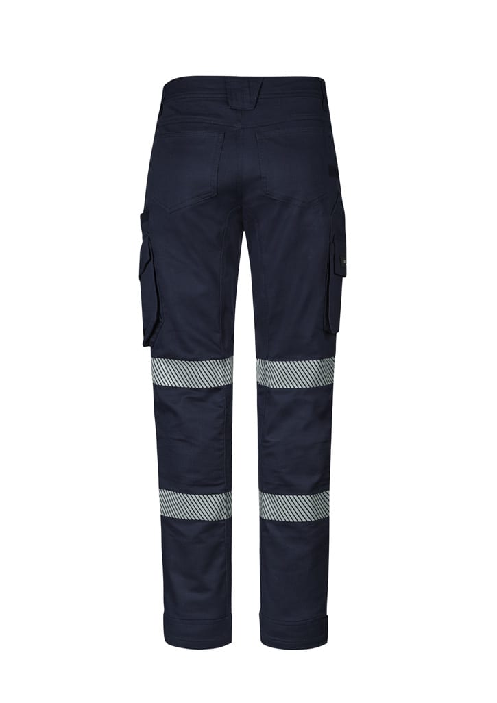 Men's rugged work pants in navy with reflective tape, featuring cargo pockets and a logo.