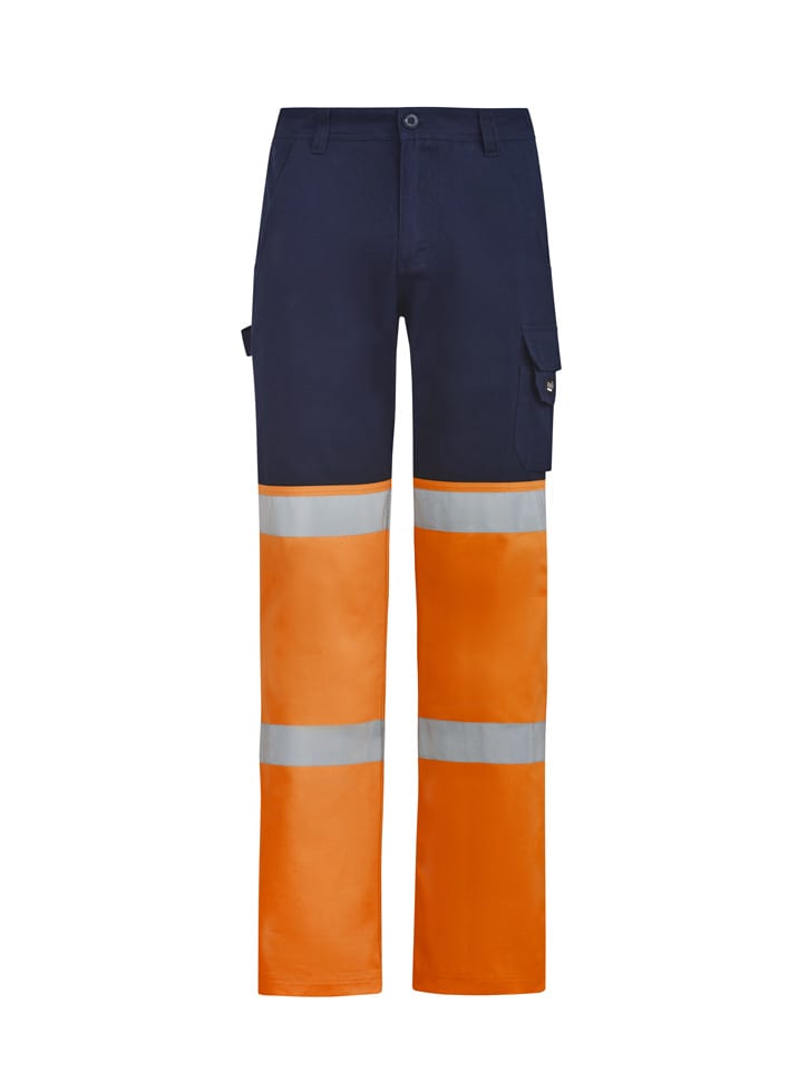 Hi-vis taped pants featuring a navy base with bright orange stripes and reflective tape. Includes cargo pockets.