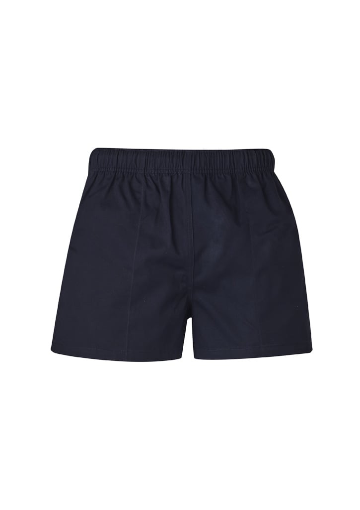 Navy blue men's rugby shorts with an elastic waistband, featuring a logo on the front.