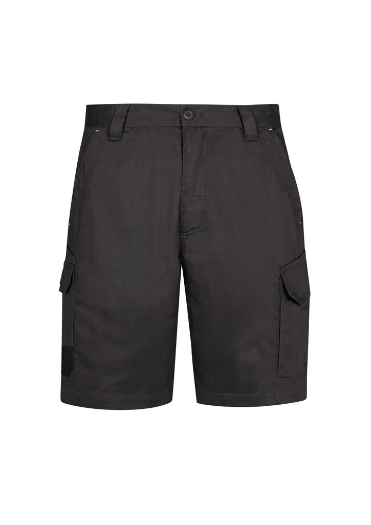 Men's summer cargo shorts in black, featuring side pockets and a button closure. Includes a logo.