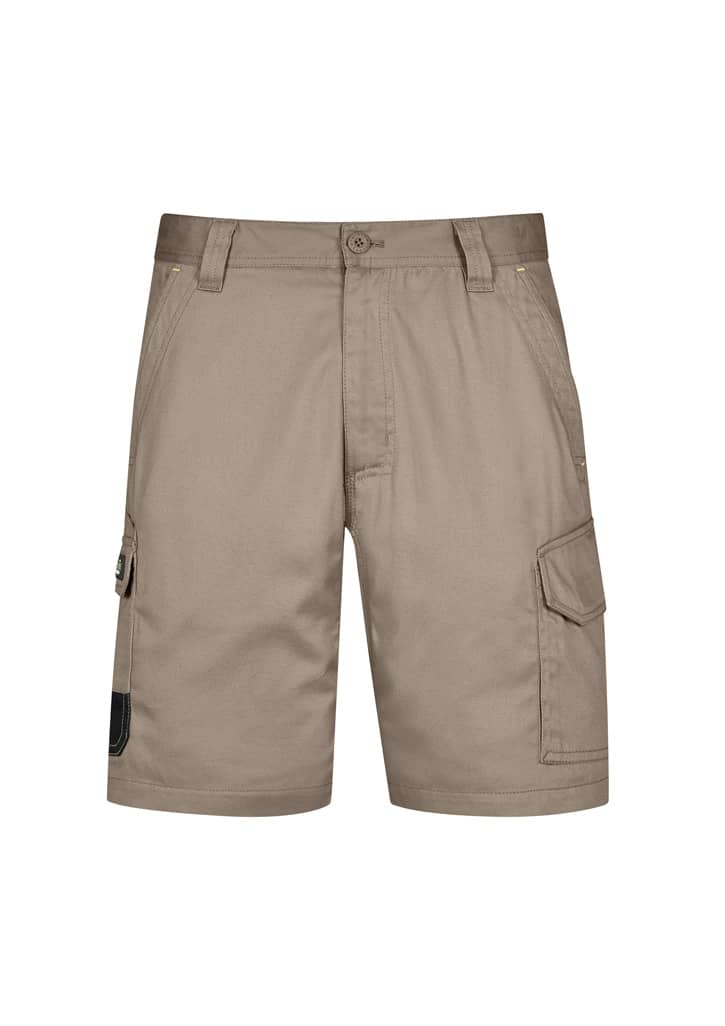 Men's cargo shorts in a khaki colour, featuring multiple pockets and a branded logo.