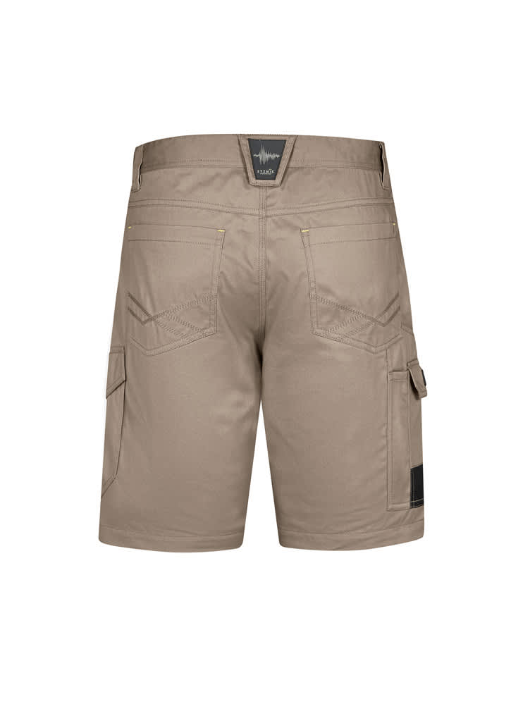Khaki men's cargo shorts with multiple pockets and a logo on the back. Suitable for summer wear.