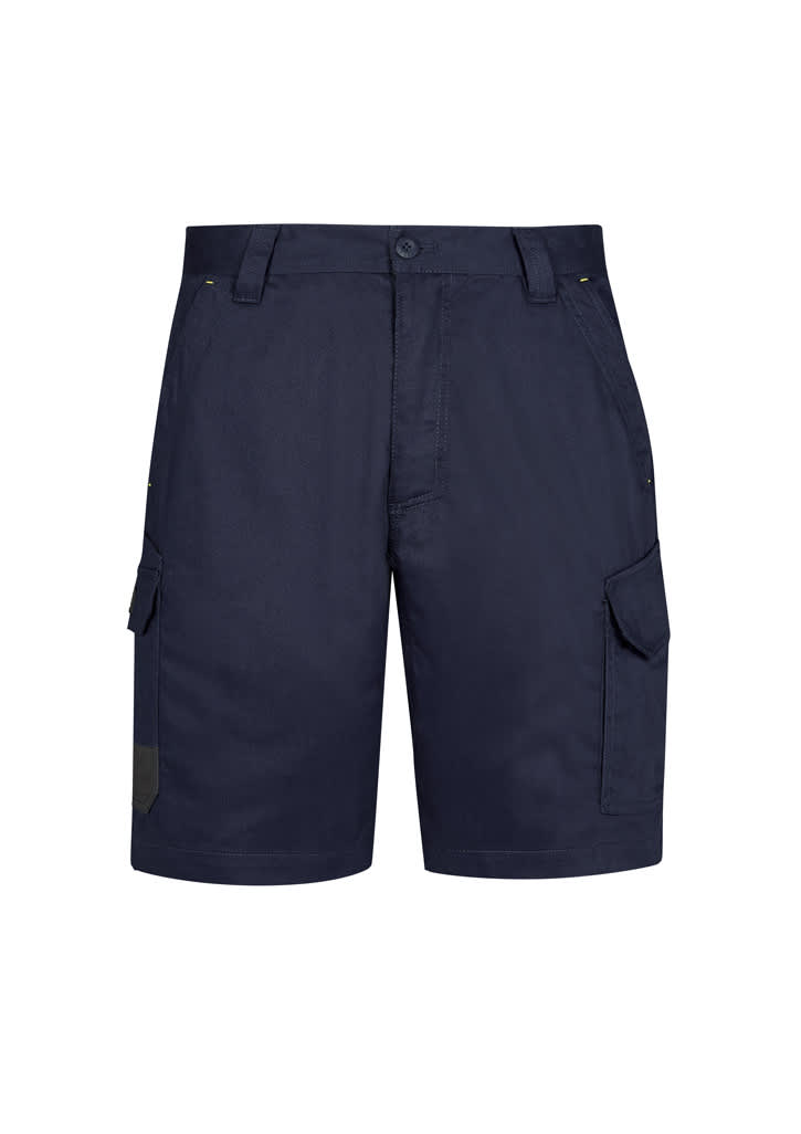 Navy cargo shorts featuring side pockets and a decorative logo. Ideal for casual summer wear.