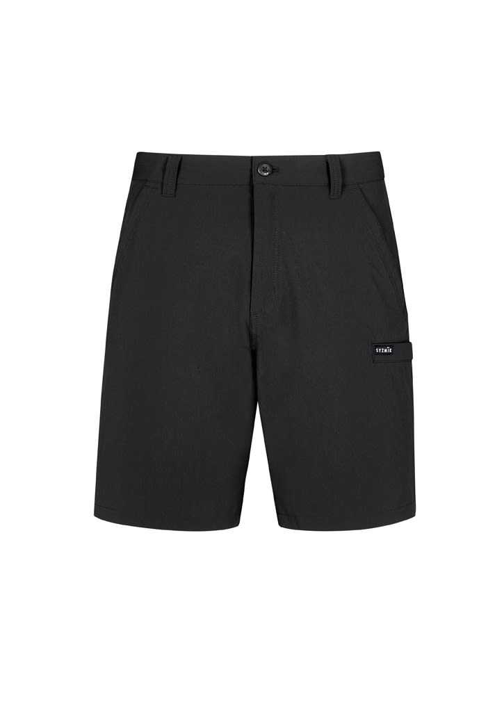 Men's lightweight outdoor shorts in black with a side pocket and branding on the leg.