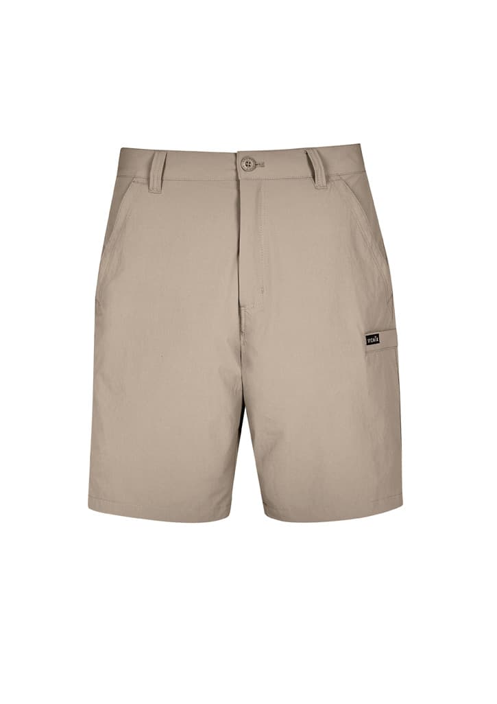 A pair of men's lightweight outdoor shorts in a sandy beige colour, featuring a button closure and a side pocket.