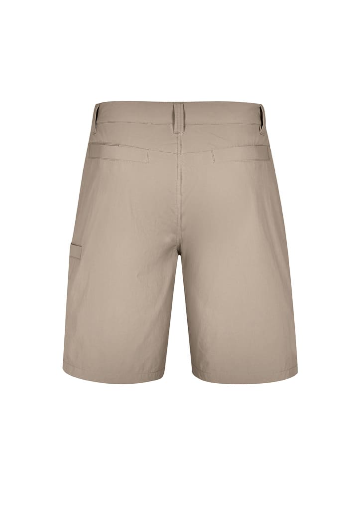 Men's lightweight outdoor shorts in a neutral beige colour, featuring pockets and a logo on the back.