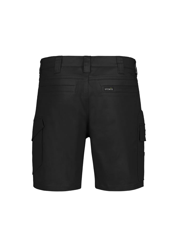 Men's essential stretch cargo shorts in black, featuring side and back pockets. Includes branding on the waistband.
