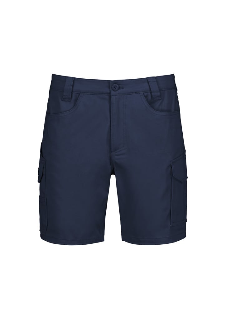 Men's essential stretch cargo shorts in navy blue, featuring side pockets and a logo.