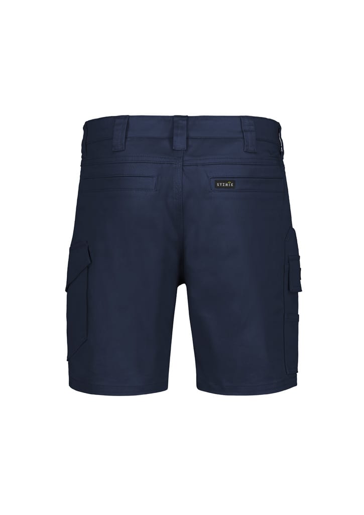 Men's essential stretch cargo shorts in navy, featuring multiple side pockets and a logo label on the back.