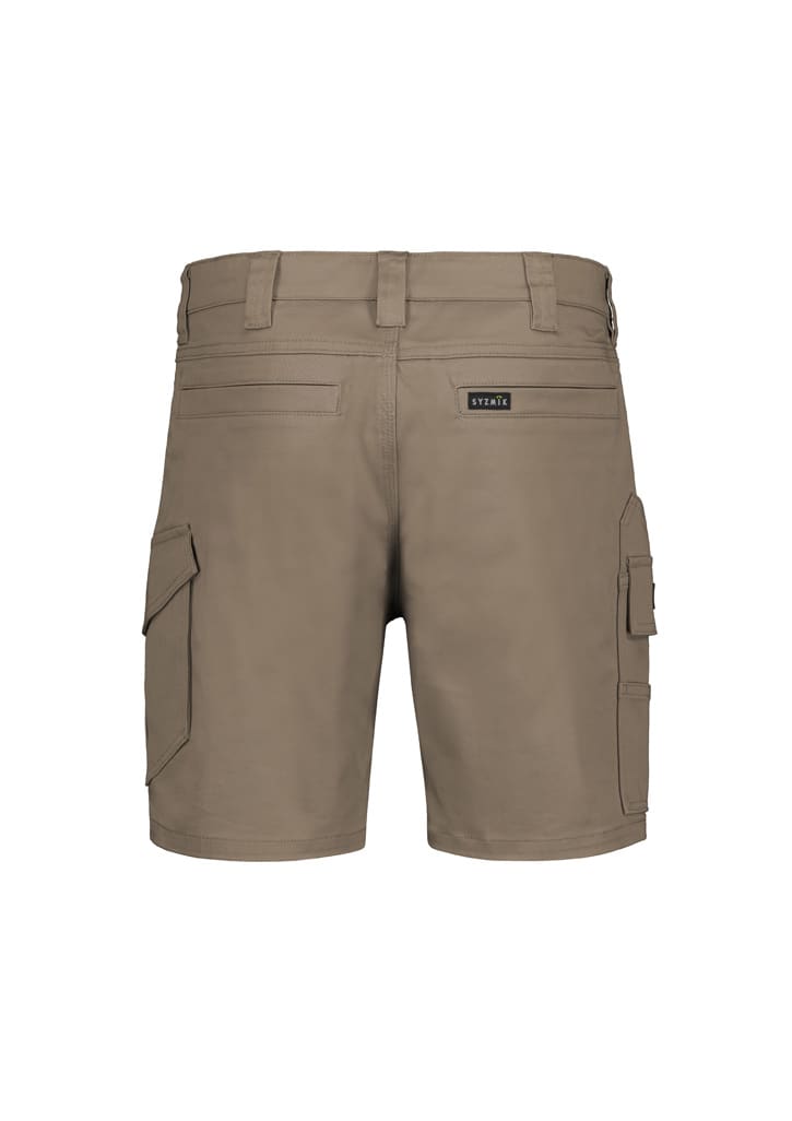 Men's essential stretch cargo shorts in a khaki colour, featuring multiple side pockets and a logo on the waistband.
