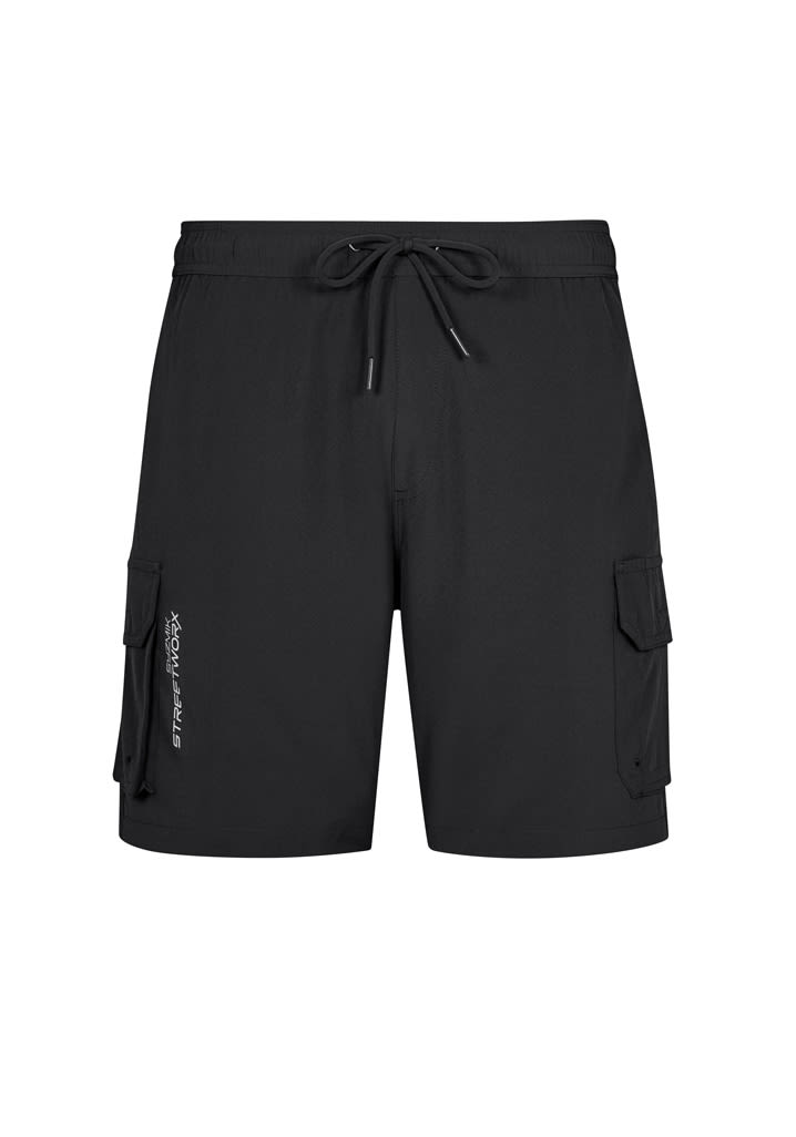 Black men's board shorts featuring cargo pockets and an adjustable drawstring waist, with a logo prominently displayed.