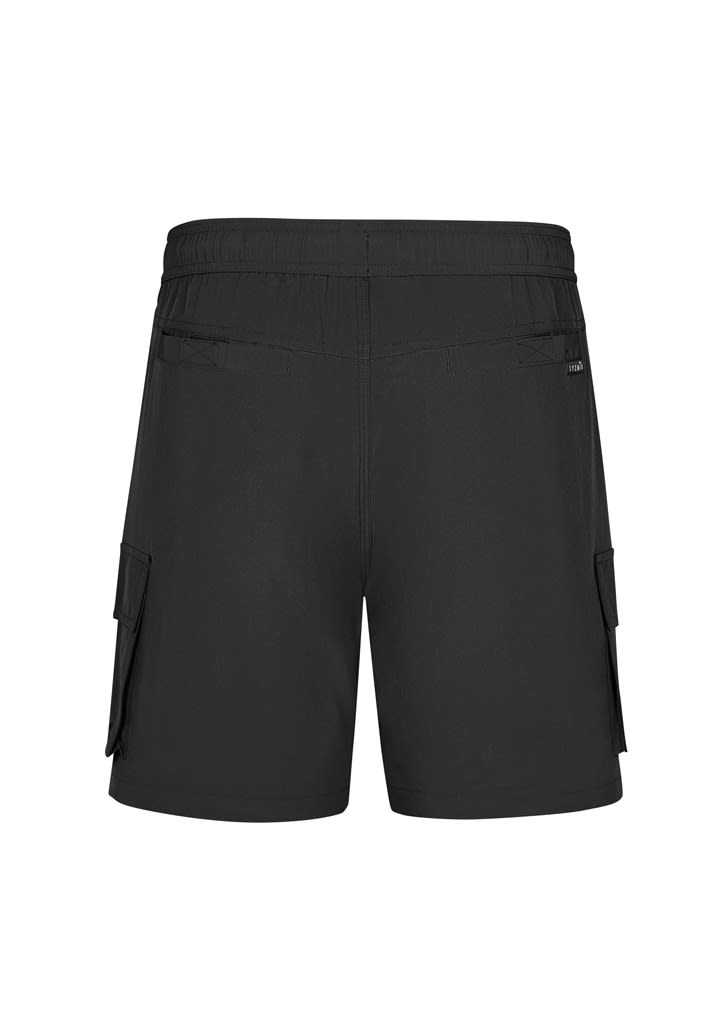 Black sports shorts with a relaxed fit, featuring cargo pockets and an elastic waistband. Includes branding on the side.