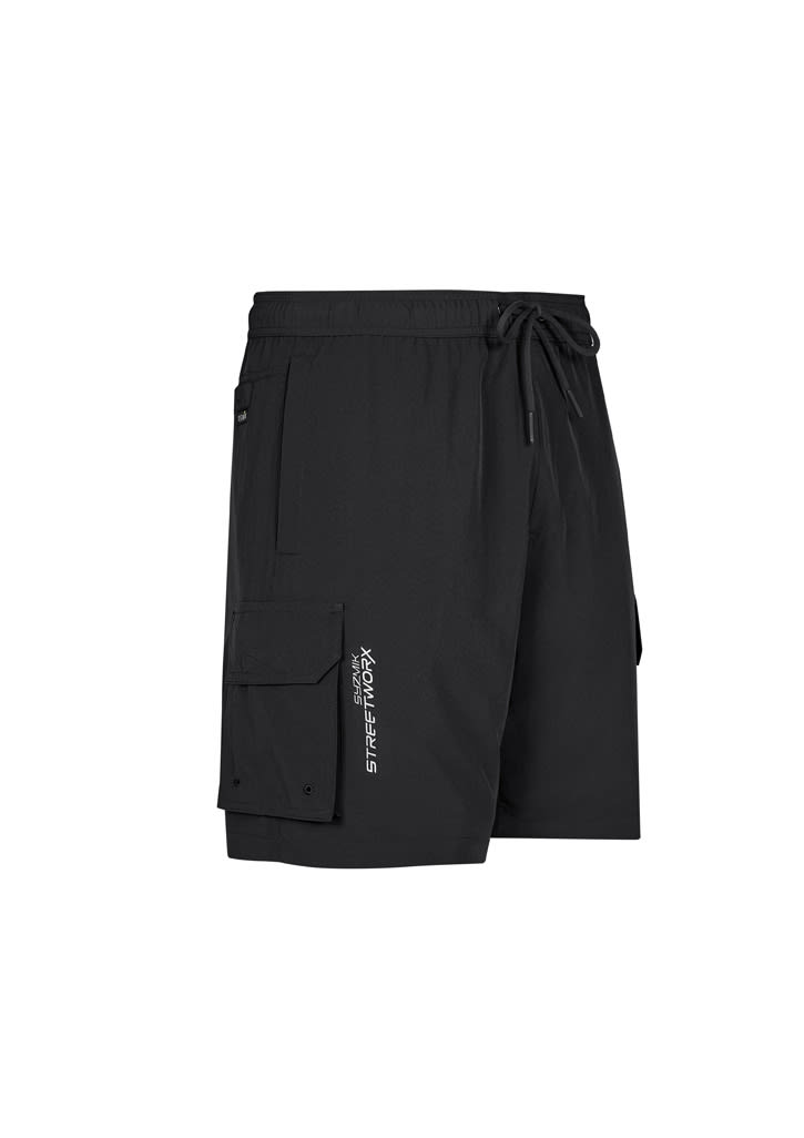 Black sports shorts featuring cargo pockets and an elastic waistband, with a logo on the side.
