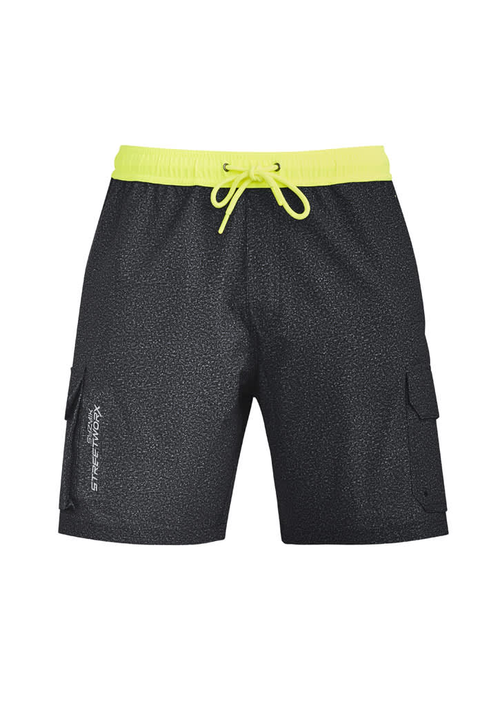 Men's board shorts in black with a subtle pattern, featuring a bright yellow drawstring and side pockets.