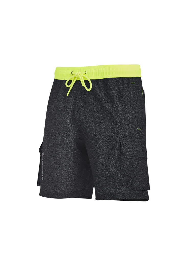 Men's streetworx board shorts in black with a vibrant yellow drawstring and cargo pockets. Features a logo.