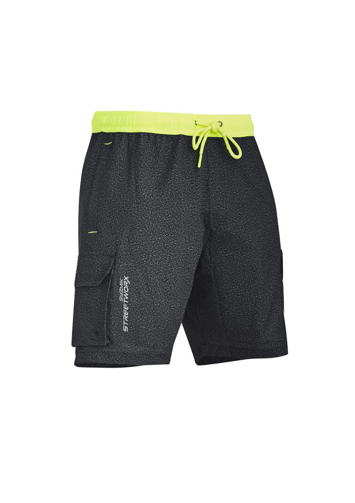 A pair of black board shorts with a drawstring waistband and neon green accents. Features a logo and cargo pockets.