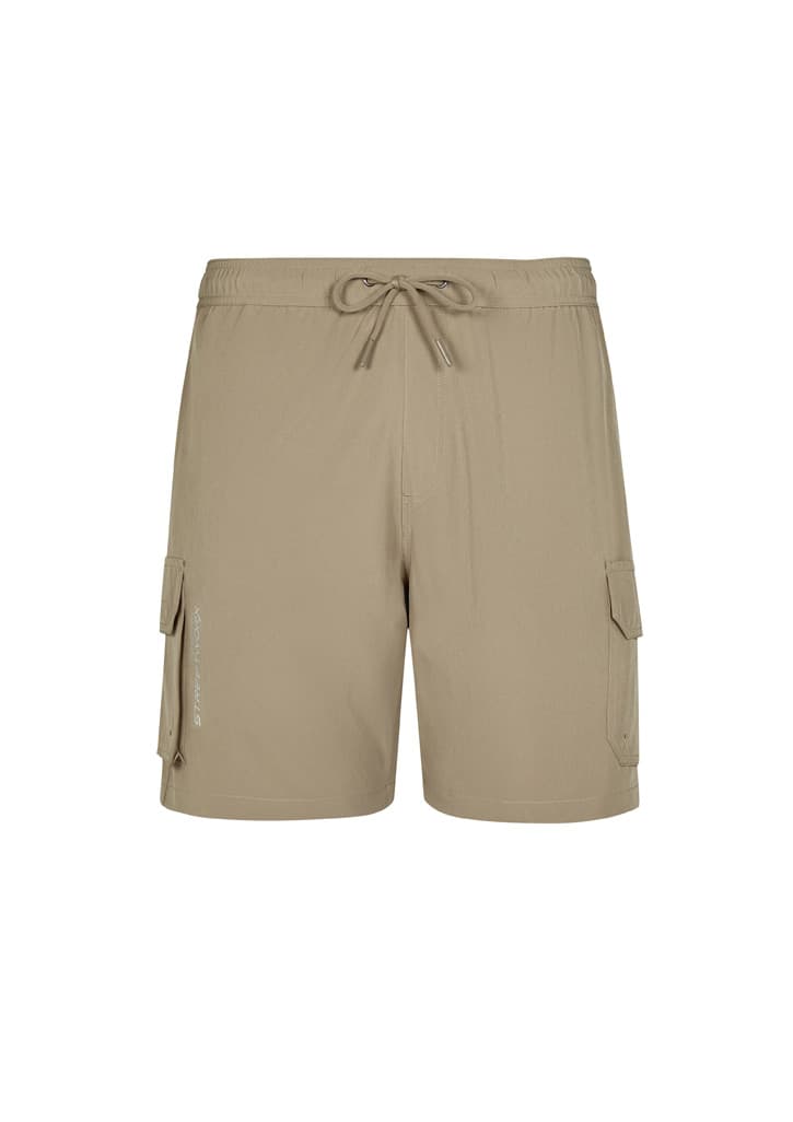 Men's beige board shorts with an elastic waistband, side pockets, and a logo on the side.