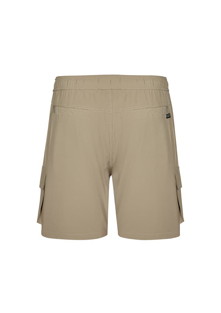Men's beige board shorts with an elastic waistband and rear pockets, featuring a branding logo.