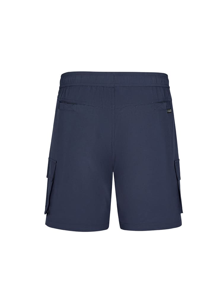 A pair of navy men's board shorts featuring cargo pockets and an elastic waistband. The shorts have a small logo.