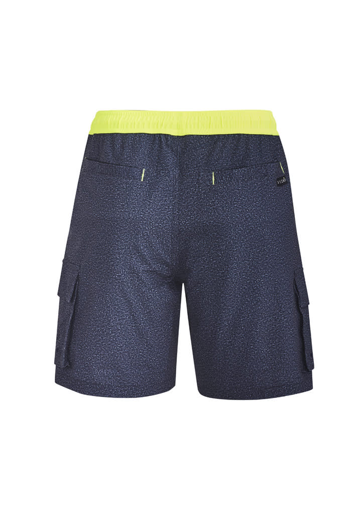 Men's sports shorts in navy with a bright yellow waistband, featuring cargo pockets and a subtle print.