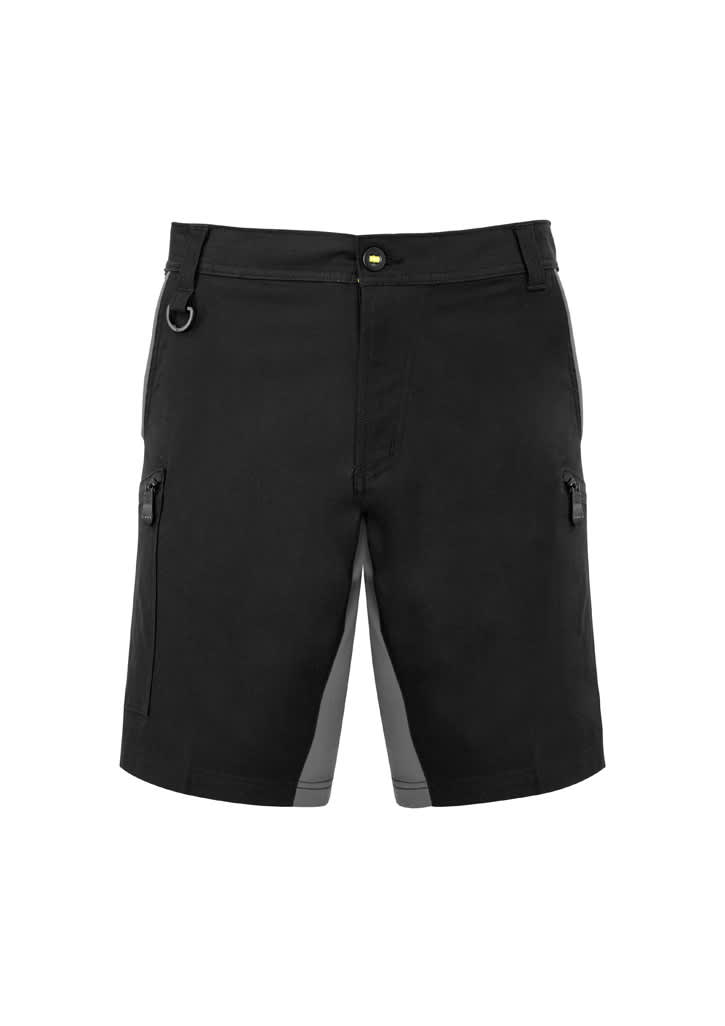 Black work shorts featuring side pockets and a logo, designed for comfort and flexibility.