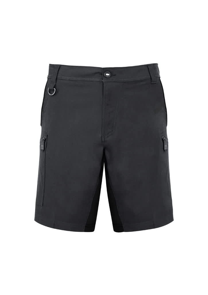 A pair of black work shorts featuring pockets and a logo. Suitable for active wear in various settings.