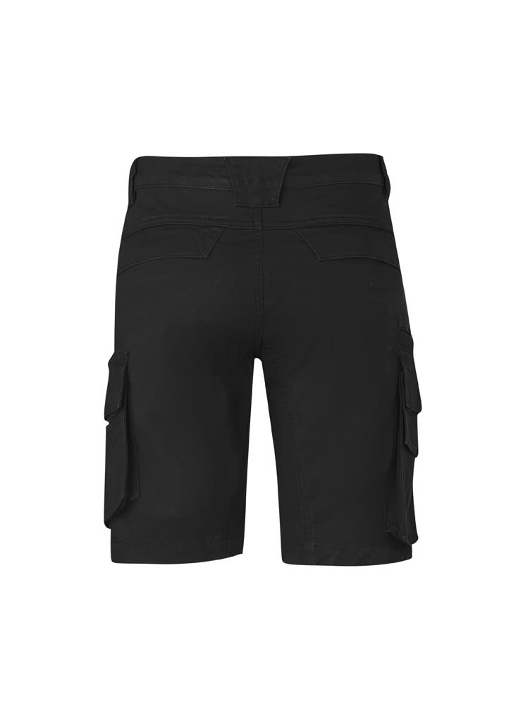 Curved cargo shorts in black with multiple side pockets and a plain design. Features a logo on the waistband.