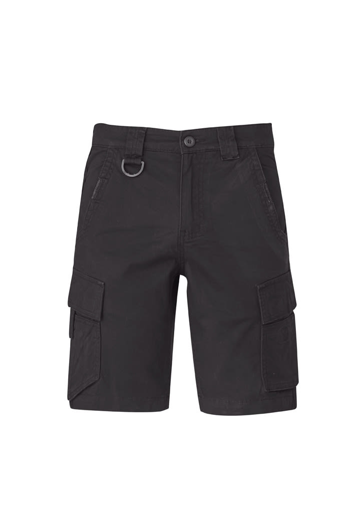 Black cargo shorts featuring multiple pockets and a loop detail. The shorts have a button closure and a classic fit.