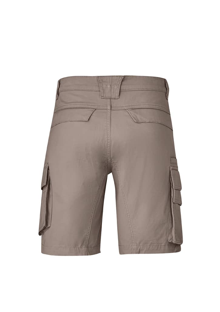 Curved cargo shorts in a light khaki colour, featuring multiple side pockets and a rear design view.