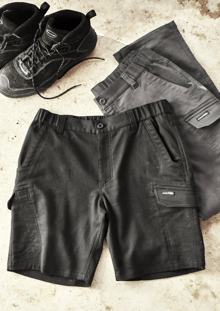 Men's Streetworx Comfort Shorts in black, grey, and a work boot. Features include multiple pockets and a branded logo.
