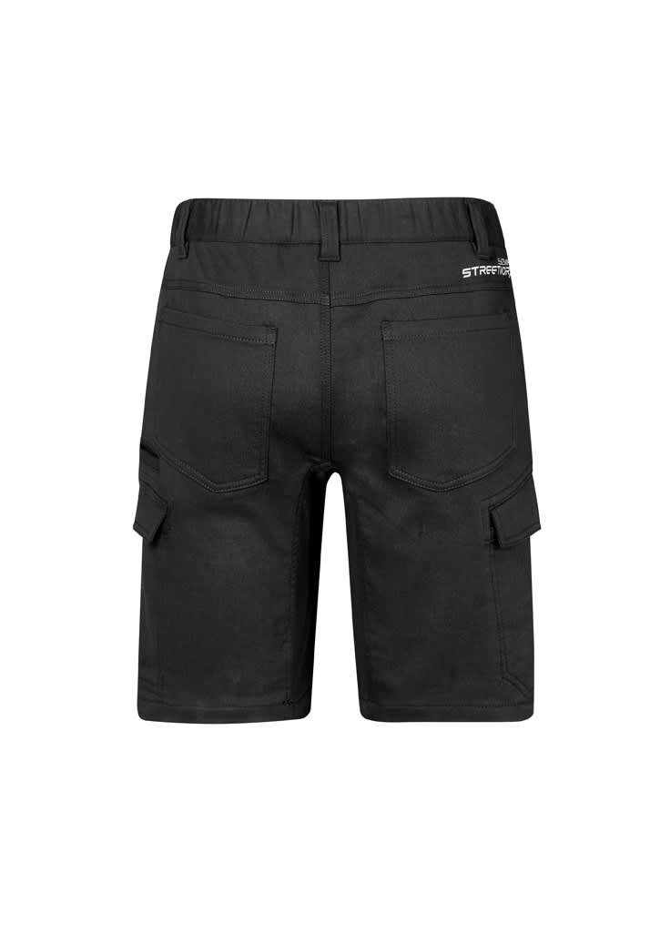 A pair of black work shorts featuring cargo pockets and a branded logo on the back.