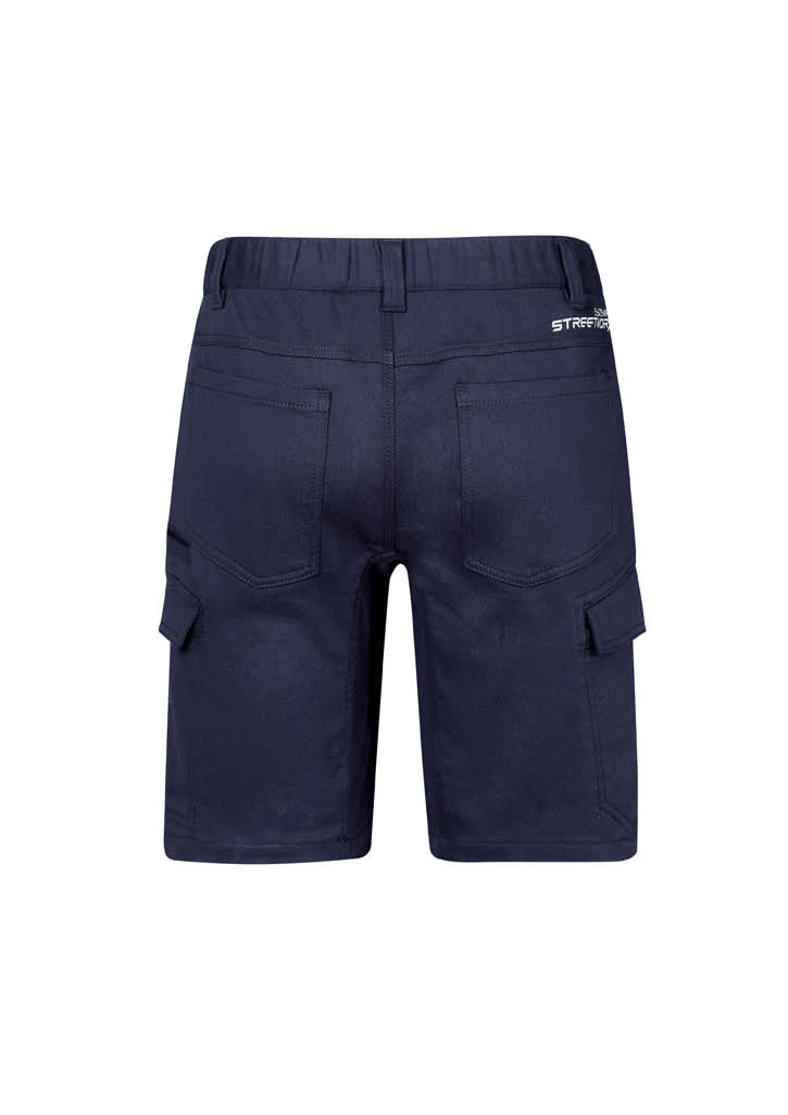 Men's navy shorts featuring cargo pockets and an elastic waistband. The back view highlights the design and logo.