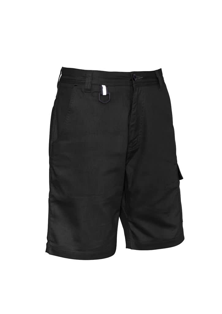 Mens rugged cooling vented shorts in black, featuring pockets and a secure waistband, with a logo present.