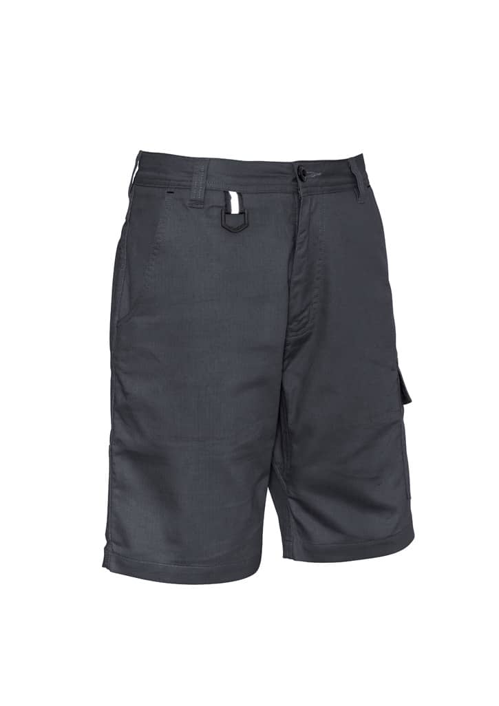 Rugged cooling vented shorts in dark grey with pockets and a logo on the waistband. Suitable for outdoor wear.
