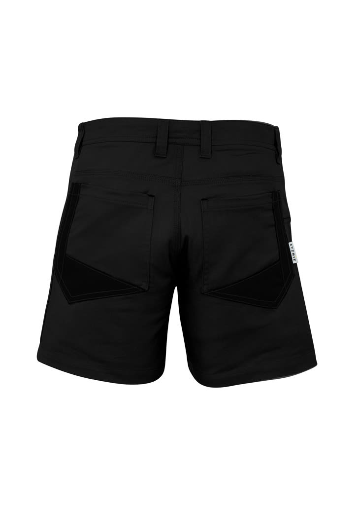 A pair of black men's shorts featuring a sleek design with two back pockets and a logo on the side.