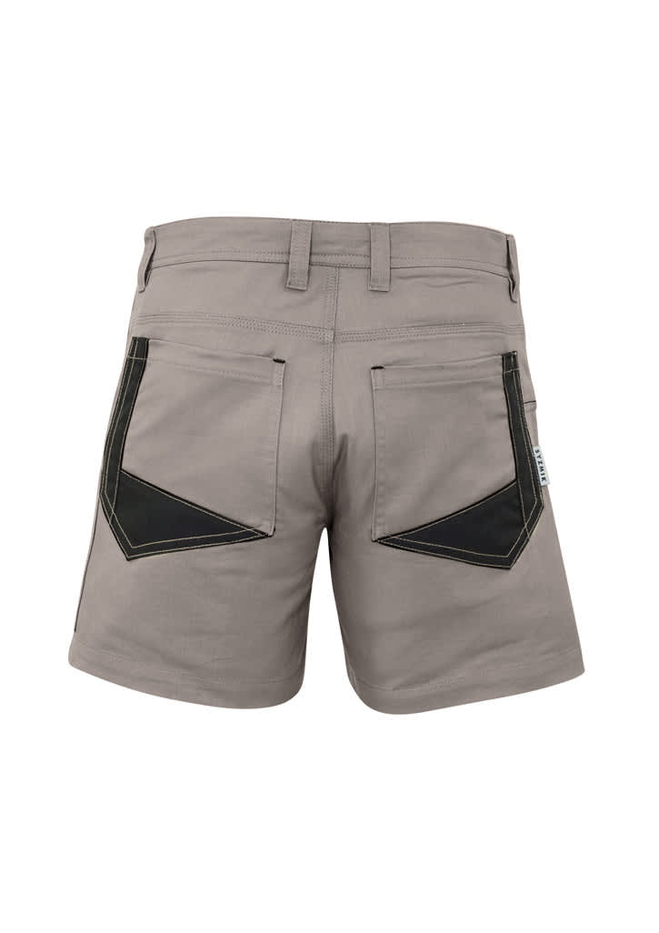Men's rugged dress shorts in a light grey colour with contrasting black detailing on the back pockets. Features a logo.