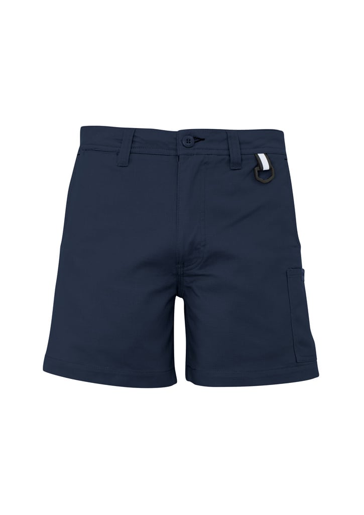 A pair of navy blue shorts featuring a side pocket and a logo detail. Ideal for casual wear.