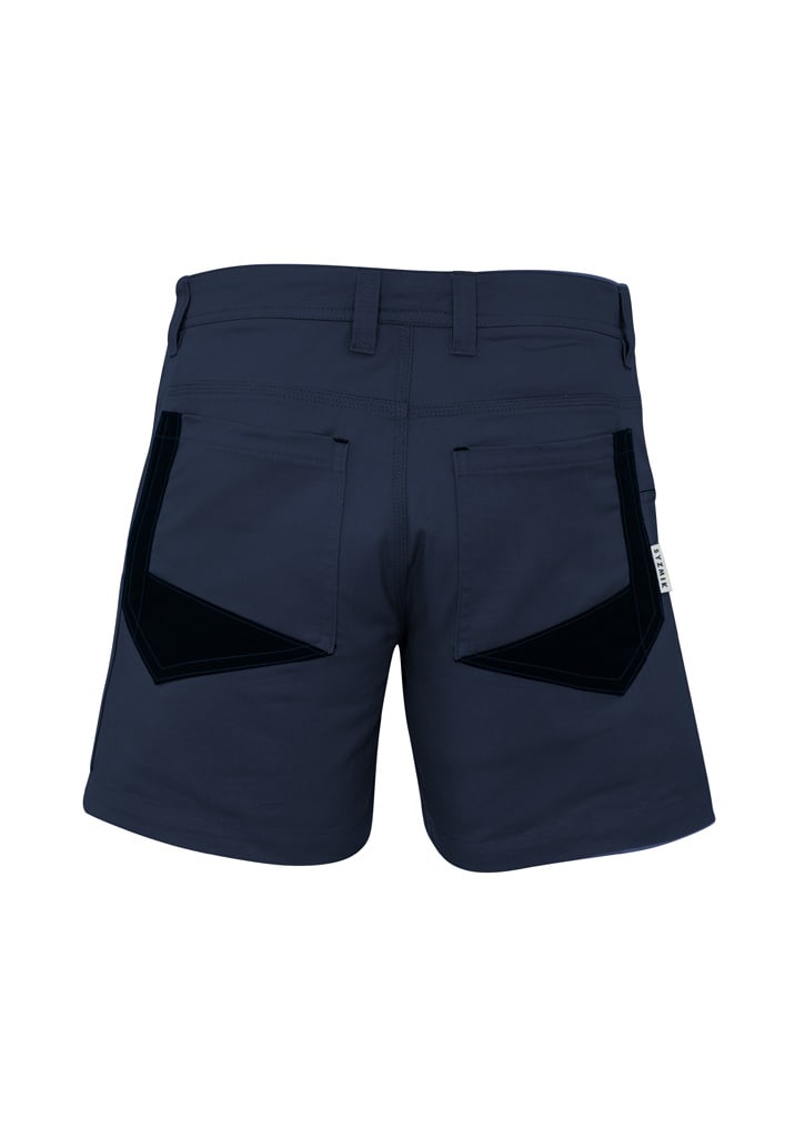 Men's rugged short shorts in navy, featuring two back pockets with a contrasting design and a logo.