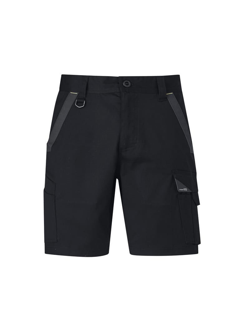 A pair of black work shorts featuring multiple pockets and a logo. Ideal for tough work environments.