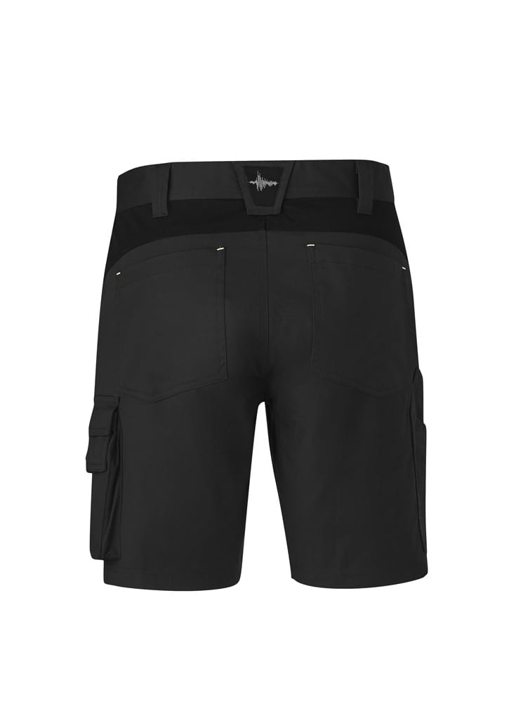 Men's black work shorts featuring utility pockets and a logo on the back waistband.
