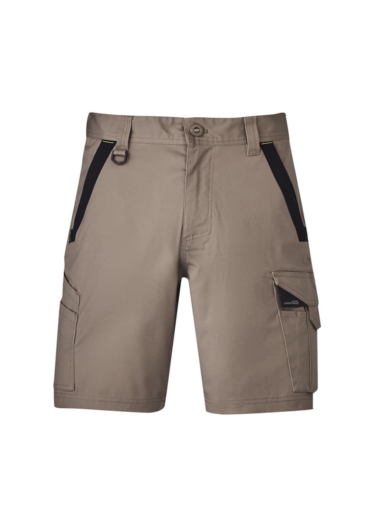 Mens Streetworx Tough Short in khaki with black accents and pockets, featuring a logo on the side.