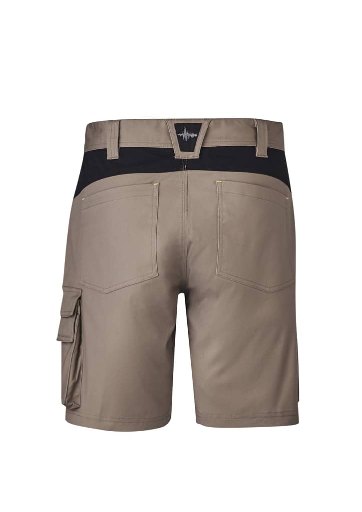 Men's work shorts in khaki with a black waistband, featuring pockets and a logo on the back.