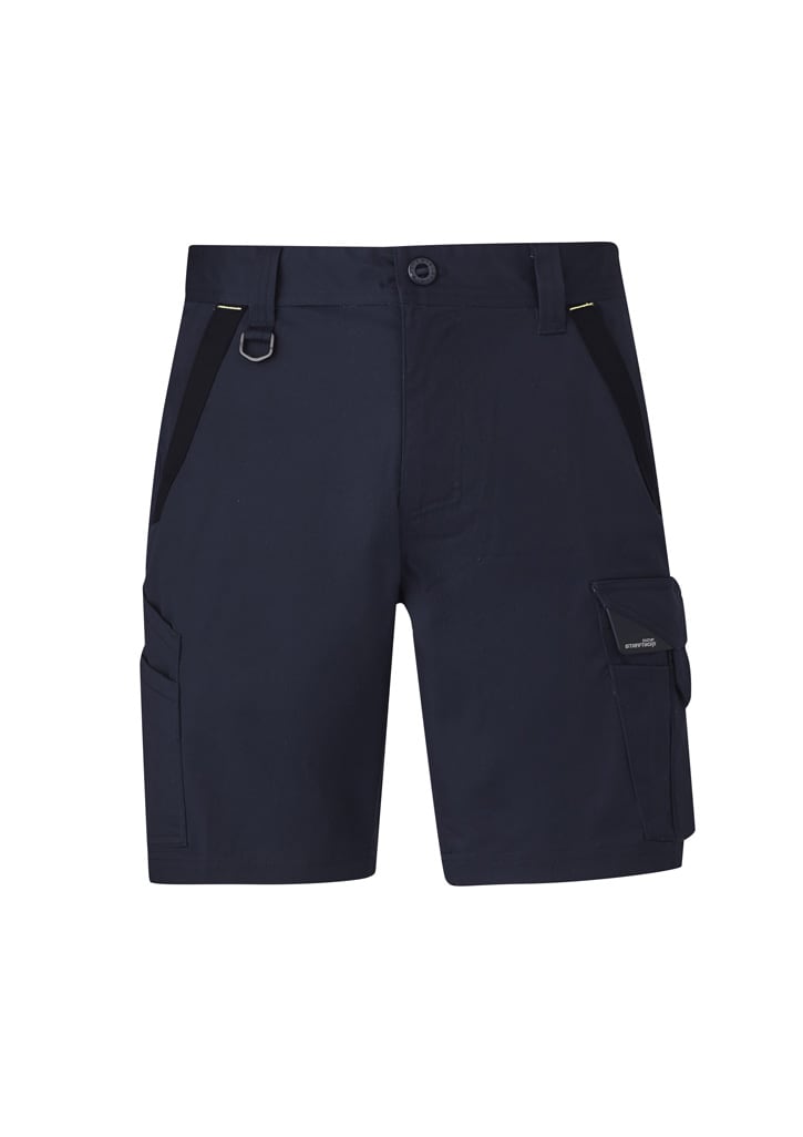 Men's navy work shorts with multiple pockets and a logo, featuring a classic fit and durable fabric.