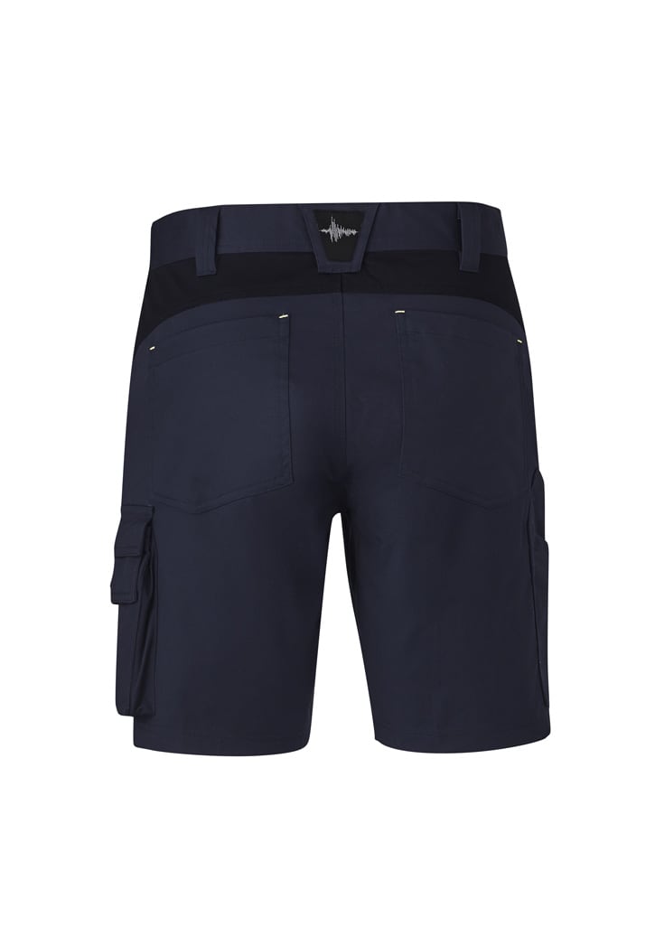 A pair of navy work shorts featuring cargo pockets and a logo on the waistband, viewed from the back.