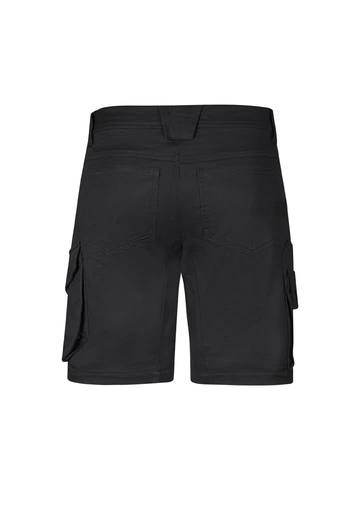 Black rugged cooling stretch shorts with cargo pockets and a logo on the back. Suitable for outdoor wear.