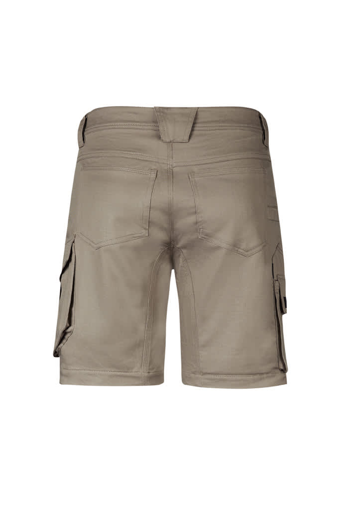 A pair of men's rugged cooling stretch cargo shorts in a light khaki colour, featuring side pockets and a rear design.
